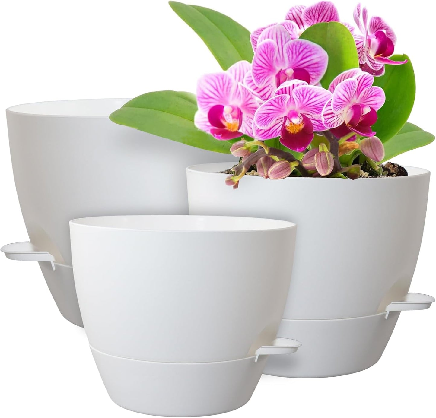 10/9/8 inch Medium Self Watering Pots, Plant Pots with Mesh Drainage Holes for Indoor Outdoor Garden Plants, Flower Pots with Removable Reservoir, Set of 3 Plastic Planters, White