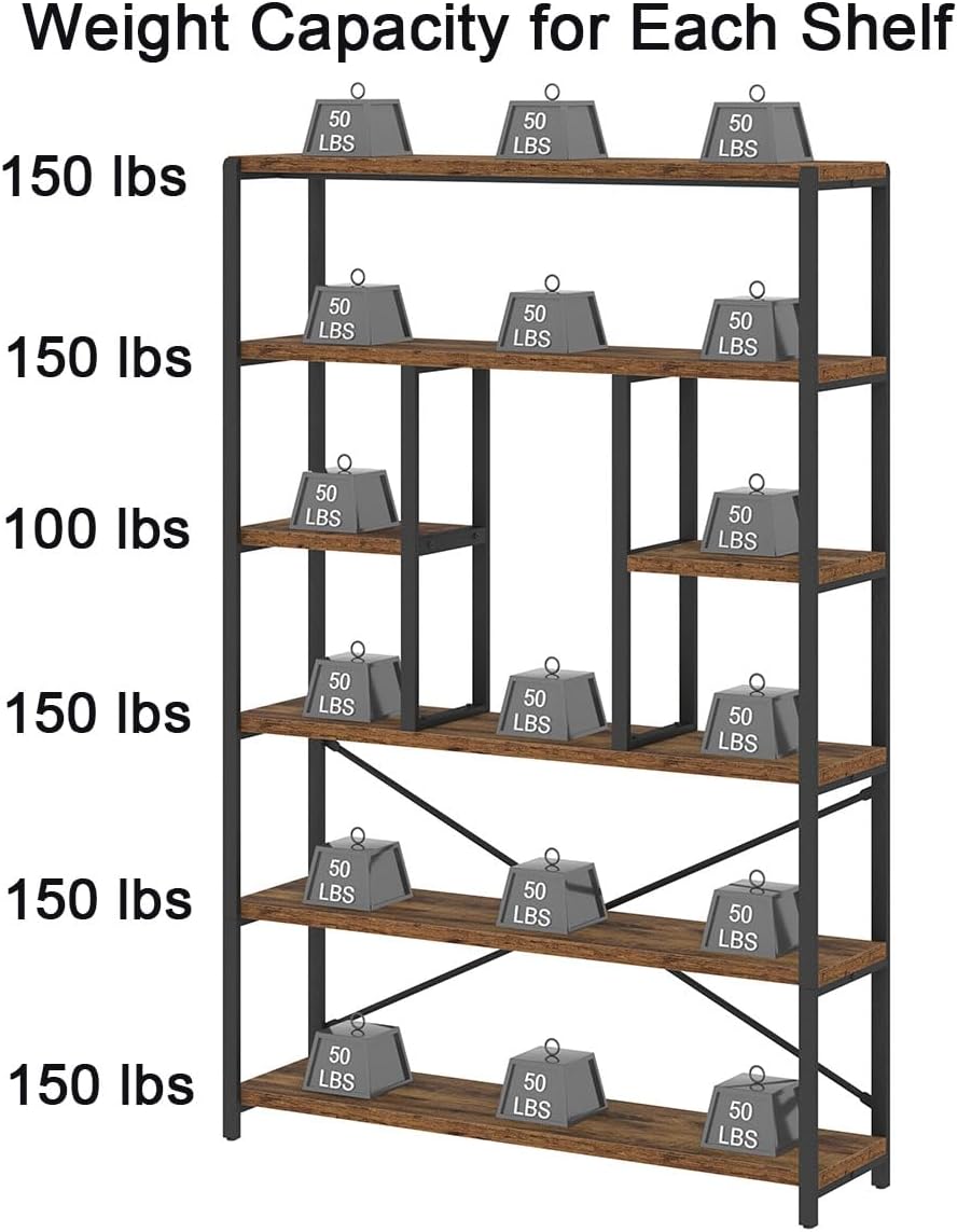 LVB Rustic Bookcases and Book Shelves, Metal Wood 6 Tier Bookshelf and Book Rack Storage, Industrial Vertical Display Etagere Book Case 6 Shelf, Vintage Large Book Shelf for Bedroom Living Room, Brown