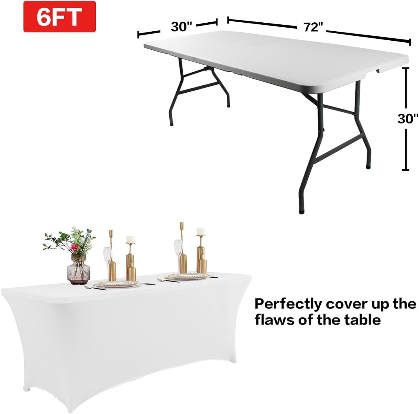 IVAPUPU 2 Pack 6FT Table Cloth for Rectangular Fitted Events Stretch White Table Covers Washable Spandex Spring Tablecloth Protector for Party, Wedding, Cocktail, Banquet, Festival
