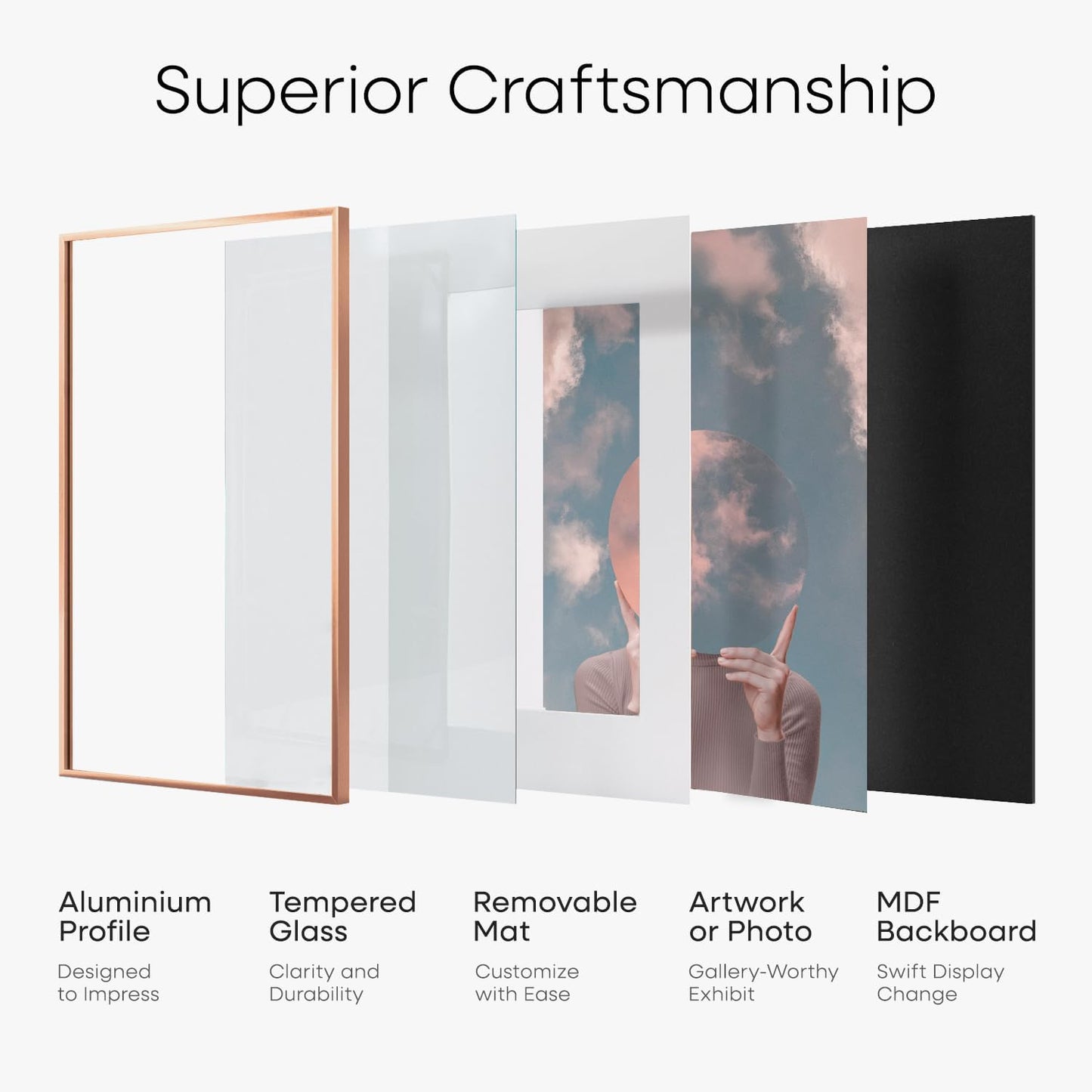 Homeforia 11x11 Rose Gold Picture Frame, High End Metal 11 by 11 Square Frames with Mat 9 x 9 Photo, 11by11 Poster Frame Matted to 9x9 inch Art, Wall Hanging Frames, Tempered Glass, Wall Kit, Set of 1