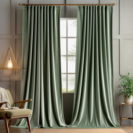 MIULEE Sage Green Velvet Curtains 90 inches 2 Panels - Pinch Pleat Luxury Room Darkening Window Drapes for Bedroom Living Room Thermal Insulated Super Soft Blackout, Back Tab Rod Pocket, W52 x L90