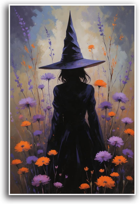 JFHCQJPK Country wildflower witch canvas print halloween mashup art witch purple decoration bohemian elegant art poster12x16in Frameless