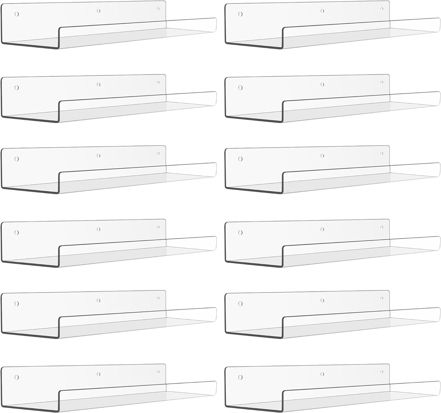 upsimples 12 Pack Acrylic Shelves Wall Organizer and Storage, 15" Display Shelf for Figure, Toy Cars, Perfume, Kids Bookshelf for Bedroom, Nursery, Craft Room, Clear