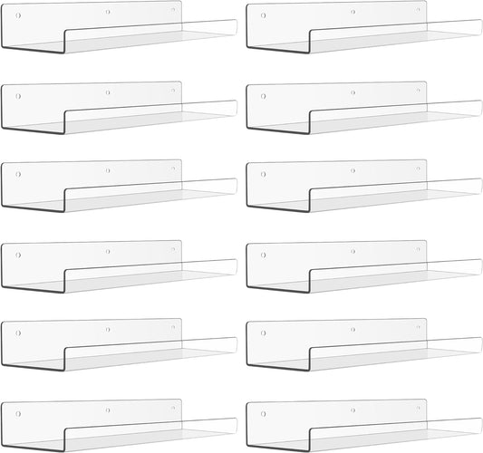 upsimples 12 Pack Acrylic Shelves Wall Organizer and Storage, 15" Display Shelf for Figure, Toy Cars, Perfume, Kids Bookshelf for Bedroom, Nursery, Craft Room, Clear