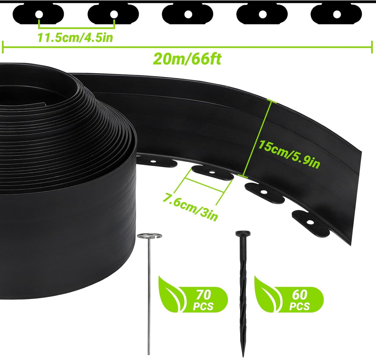 Greaner No Dig Edging for Landscaping, 6 Inch Tall | 66FT Flowerbed Border Edging with 130 PCS Spikes, Plastic Landscape Edging for Garden, Flower Beds, Tree Rings, Pathways, and Lawn