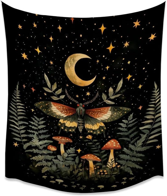Mystical Moth Mushroom Tapestry Dark Academia Aesthetic Wall Hanging Decor Moon Star Witchy Print Butterfly Enchanted Forest Tapestries for Home Bedroom Living Room Office Decor 60x80inch