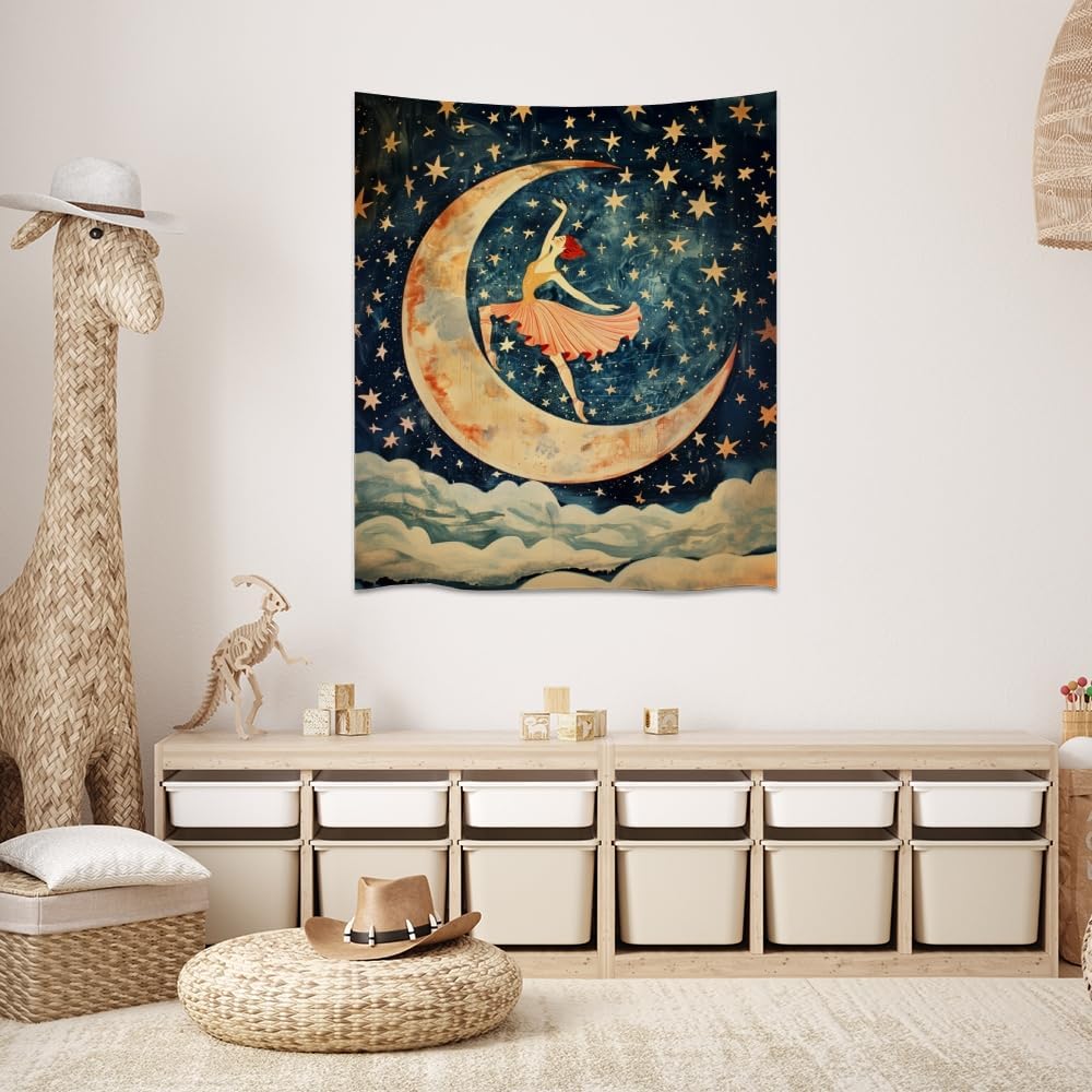 Dancer on the Moon Tapestry Starry Night Sky Art Print Dark Academia Gothic Aesthetic Wall Hanging Stars Moon Clouds Tapestries Whimsical Wall Decor for Nursery Bedroom 60x80inch