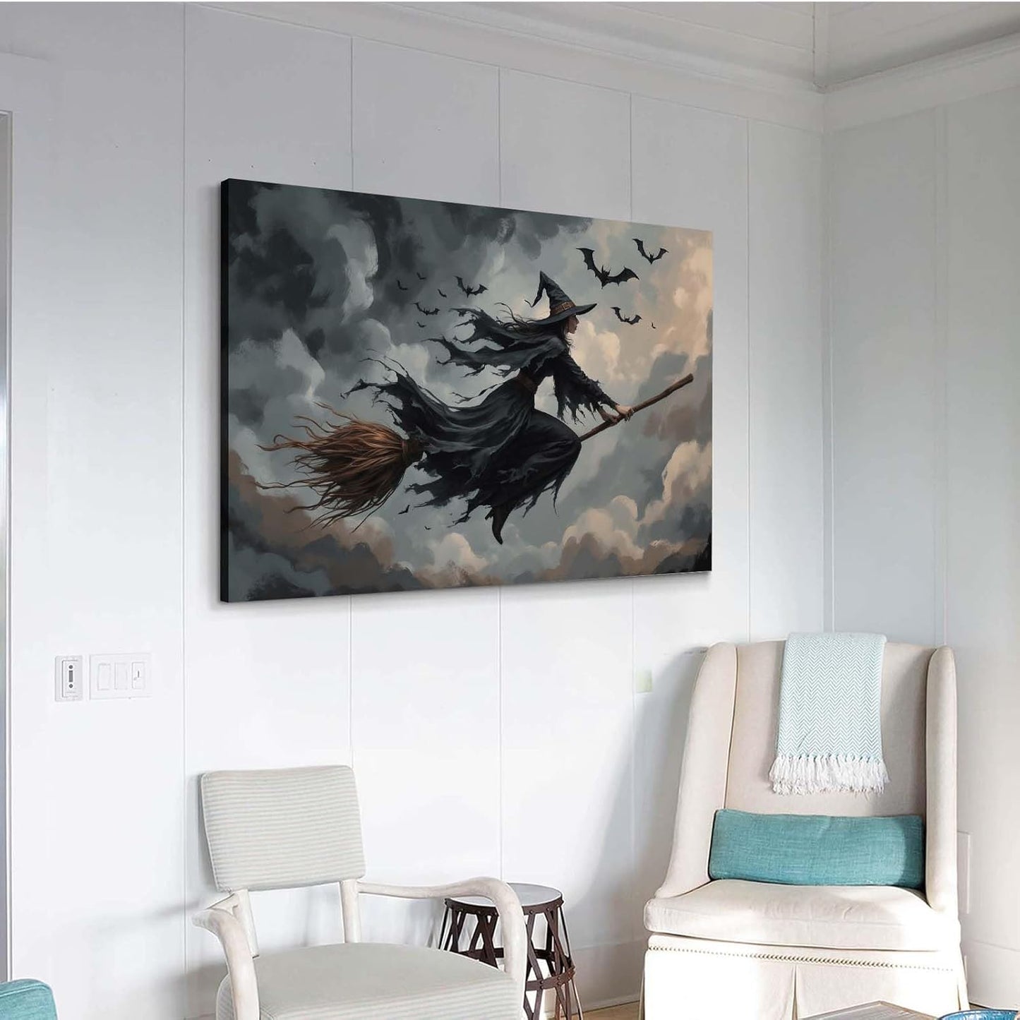 Witch and bat flying Halloween poster suitable for home party wall decoration retro Halloween preppy style wall art canvas print suitable for room decoration24x36in Wood Framed