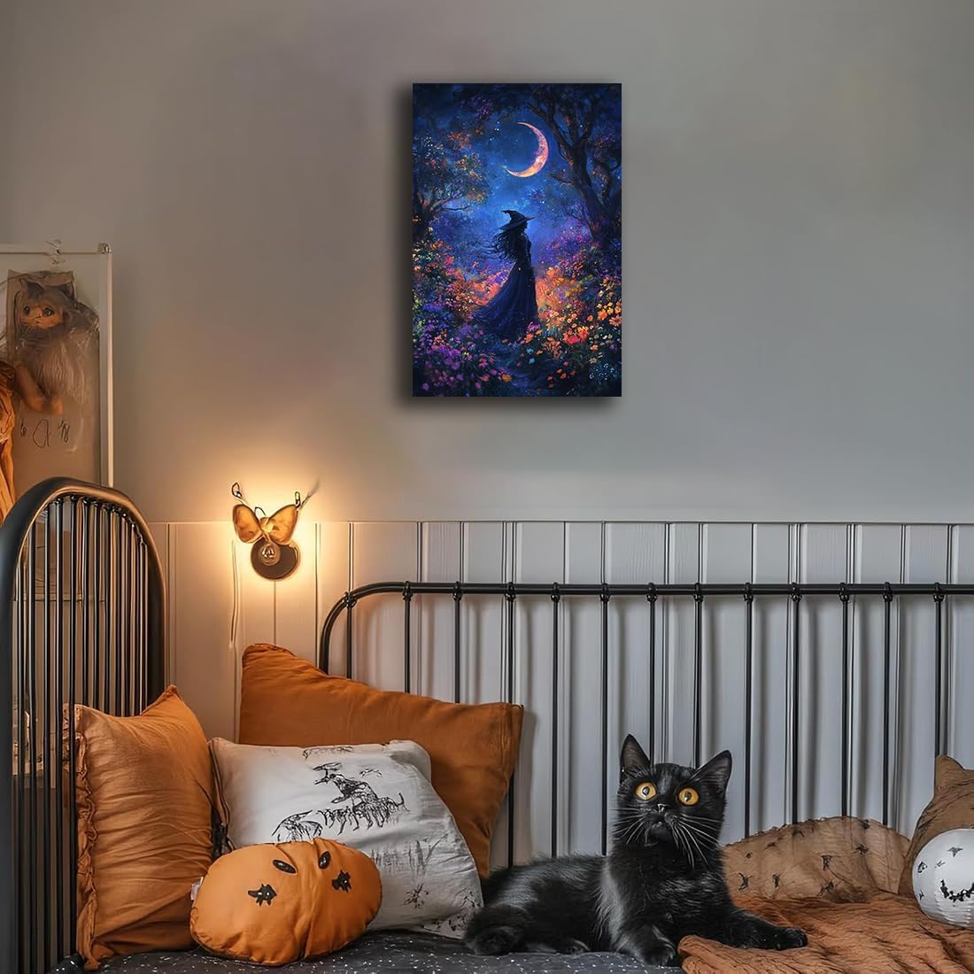 Vintage Halloween Witch Decor Mystic Gothic Wall Art Poster,Enchanting Witch Fall Whimsical Wildflowers Woodland Forest Crescent Moon Picture Art,Creepy Witchy Home Decor,24"x36" Framed