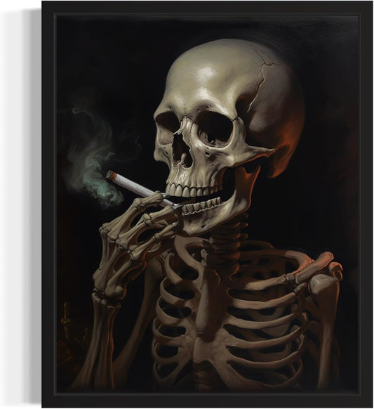 Skull Smoking Ciggarettes Poster Art Print, Halloween Scary Vintage Wall Art Academia Spooky Painting Decoration for Horror Prints, Gothic Posters Bedroom Decor 89 (Skull Smoking Ciggarettes, 8 x 10 inches, Black Frame)