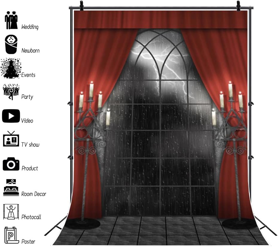 Renaiss 8x12ft Vintage Gothic Window Backdrop Red Curtain Candlestick Black Floor Lightning Stormy Sky Vampire Medieval Castle Photography Background Halloween Dress Up Party Decors Photo Booth Props