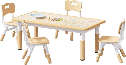 Brelley Kids Table and 4 Chairs Set, Height Adjustable Toddler Table and Chair Set, Graffiti Desktop, Non-Slip Legs, Max 300lbs, Children Multi-Activity Table for Ages 2-8
