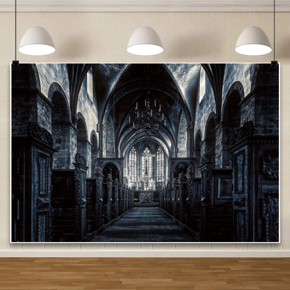 ChloropLastid 12x8ft Scary Church Halloween Backdrop Dark Black Horror Gothic Medieval Castle Interior Photography Background Halloween Night Carnival Theme Party Decor Banner Photo Studio Props