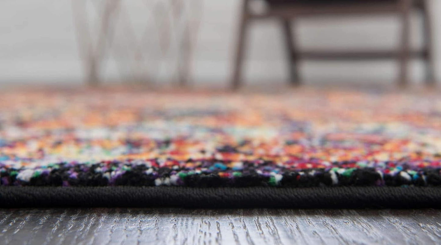 Unique Loom Rosso Collection Vintage, Traditional, Bohemian, Geometric, Border, Distressed, Southwestern Area Rug, 8 ft x 8 ft, Orange/Black