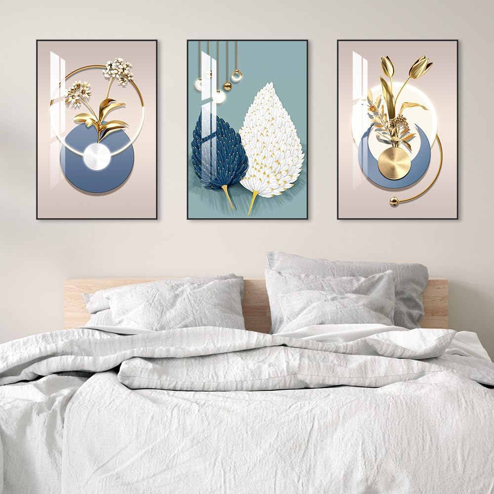 MPLONG Abstract Modern Minimalist Natural Framed Decorative Painting Bright style Wall Art Set of 3Wall Decor for Living Room, Bedroom, Dining Room, Office, etc. (Blue, 24 "X 32" X 3 pieces)