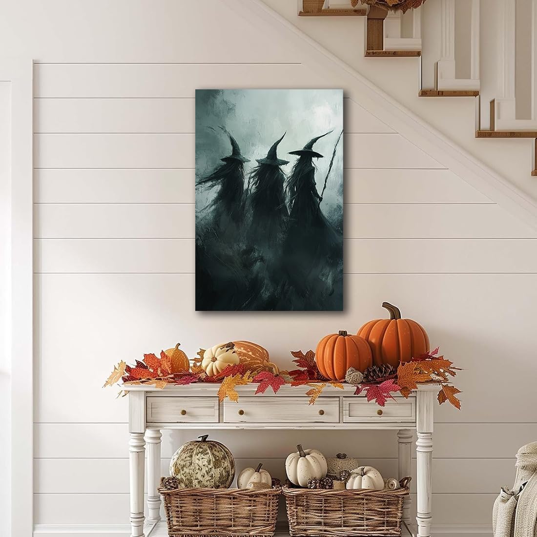 Gothic Witchs Horror Halloween Wall Art,Three Witches in Moody Forest Painting Wall Decor,Autumn Spooky Witches Forest Canvas Printing For Gallery Living Room Bedroom,24"x36" Unframed
