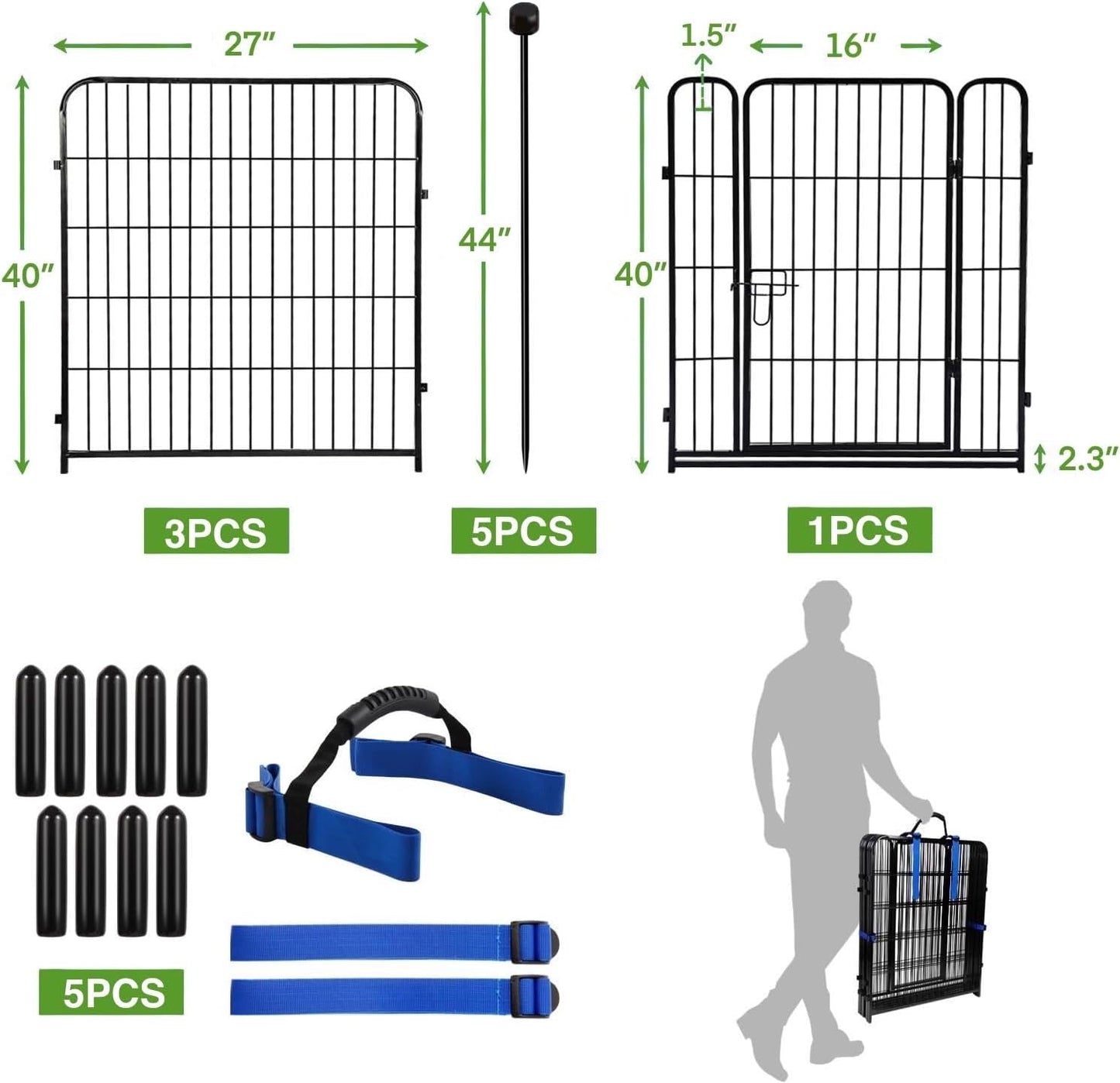 ADAVIN Dog Playpen with Low Threshold Door, 40 inch 4 Panels Total 8.9 Ft(L) Garden Fence, Dog Fence Outdoor for Yard, Black Metal Portable Pet Playpen for Large Medium Small Dogs, Dog Fencing