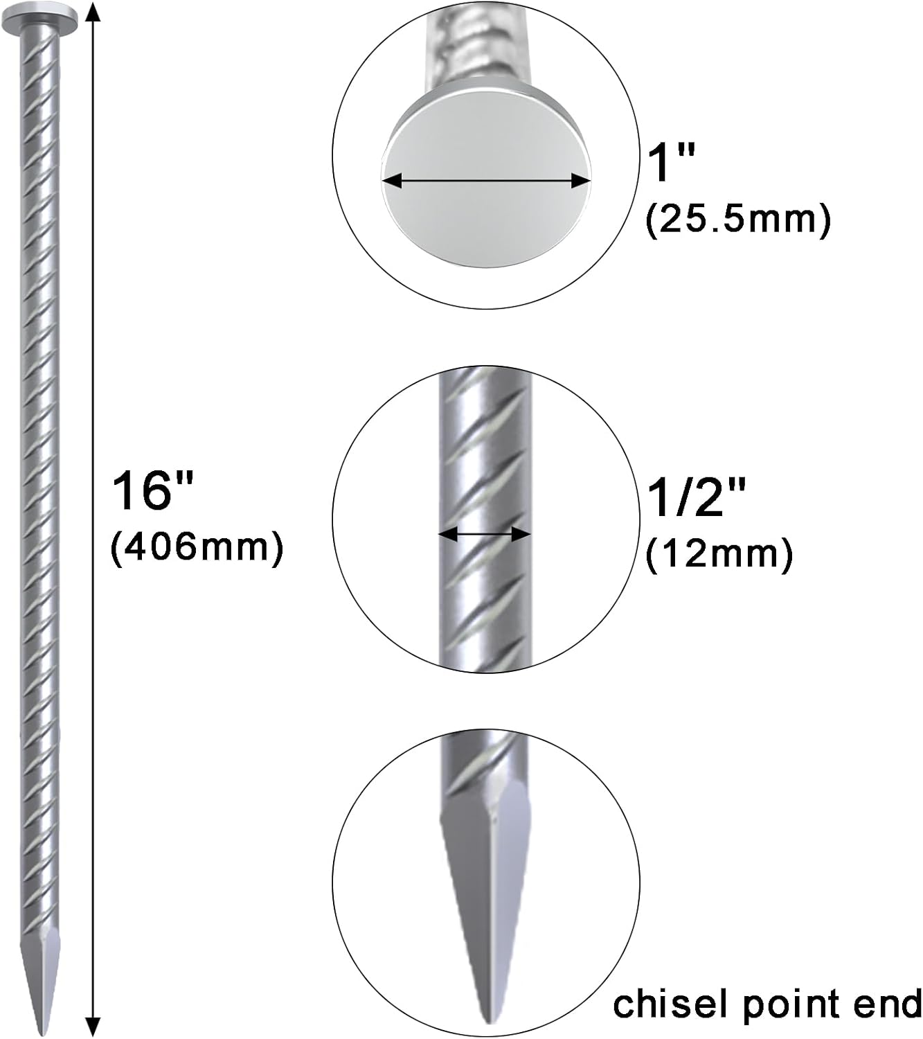 VVOKGO 16 Inch Rebar Stakes Metal Asphalt Anchoring Spikes Ground (12pcs), 1/2 Inch Diameter Galvanized Landscape Anchors Heavy Duty for Speed Bump, Handicap Threshold Ramps, Parking Limits Curb, Tarp