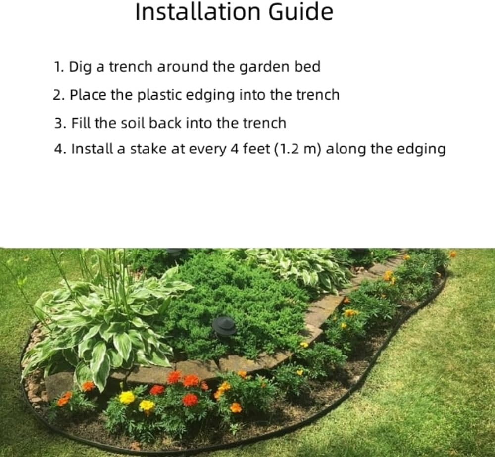 Black Plastic Garden Landscape Edging, 5” Tall Border Coil, Flexible and Strengthened with Anti-UV Treatment (60ft with 18pcs Stakes)
