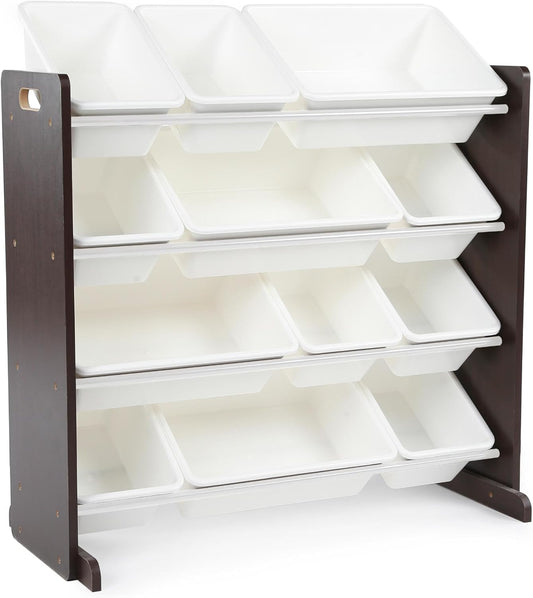 Humble Crew Kids Toy Storage Organizer with 12 Plastic Bins, Espresso/White – Removable Bins for Playroom, Bedroom, Toddler Furniture for Boys and Girls Ages