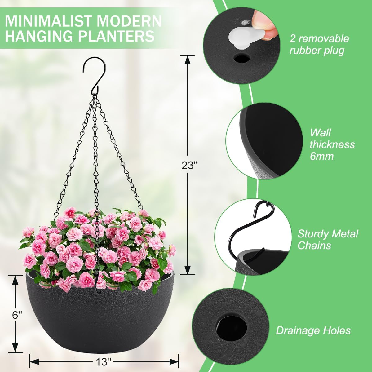 12 inch Hanging Planters for Indoor Plants, 2 Pack Planters for Outdoor Plants with Drainage Holes and Chain, Round Plastic Hanging Baskets, Hanging Flower Pots for Balcony Garden Decor-Black