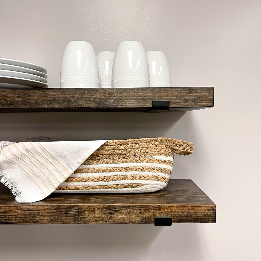 Rustic Shelves with J-Brackets Set of 2, Industrial Shelf, Kitchen Shelves, Solid Wood, Decorative Wall Storage, Heavy Duty, URBANDI (Dark Brown, 48Wx8D)