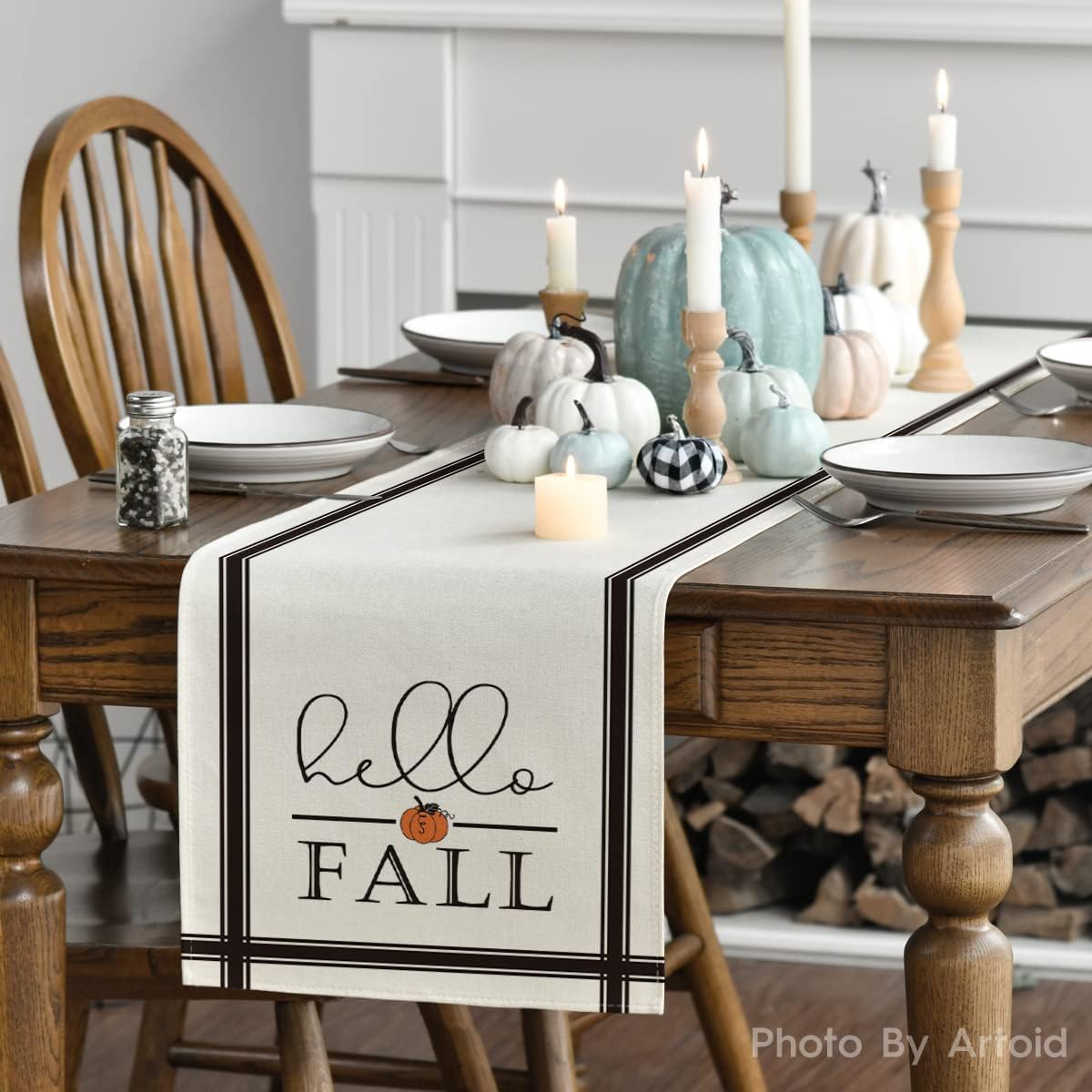 Artoid Mode Hello Fall Pumpkin Table Runner, Seasonal Harvest Vintage Thanksgiving Kitchen Dining Table Decoration for Indoor Outdoor Home Party Decor 13 x 108 Inch