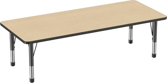 Factory Direct Partners FDP Rectangle Activity School and Classroom Kids Table (30 x 72 inch), Chunky Toddler Leg, Adjustable Height 15-24 inches - Maple Top and Black Edge