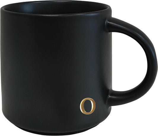 COLLECTIVE HOME - Black Monogram Ceramic Mugs, 15 oz Golden Initial Coffee Cups, Elegant Alphabet Tea Mugs, Personalized Halloween Mug with Gift Box, Perfect for Office and Home Décor (o)