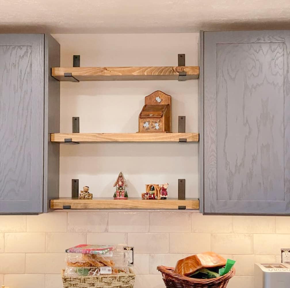 Rustic Shelves with J-Brackets Set of 2, Industrial Shelf, Kitchen Shelves, Solid Wood, Decorative Wall Storage, Heavy Duty, URBANDI (Brown, 36Wx12D)