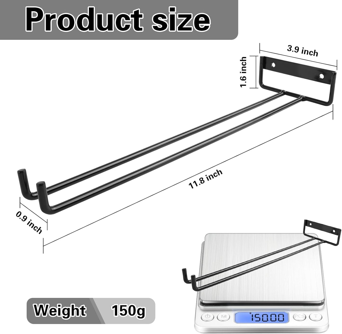 11.8 Inch Wine Glass Rack,Set of 4 Stemware Wine Glass Hanging Rack, Metal Wine Glass Holder Under Cabinet Organization and Storage for Kitchen Bar Decor