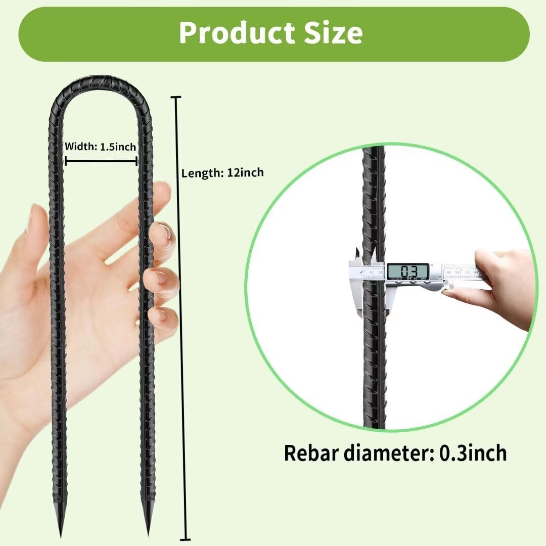 Rebar-Stakes-12-Inch, Ground Stakes Heavy Duty U-Hook Black Coated Anti-Rust Heavy Duty Ground Anchors for Garden Dog Fence Chicken Coop Christmas Decorations Deer Fence 20pcs