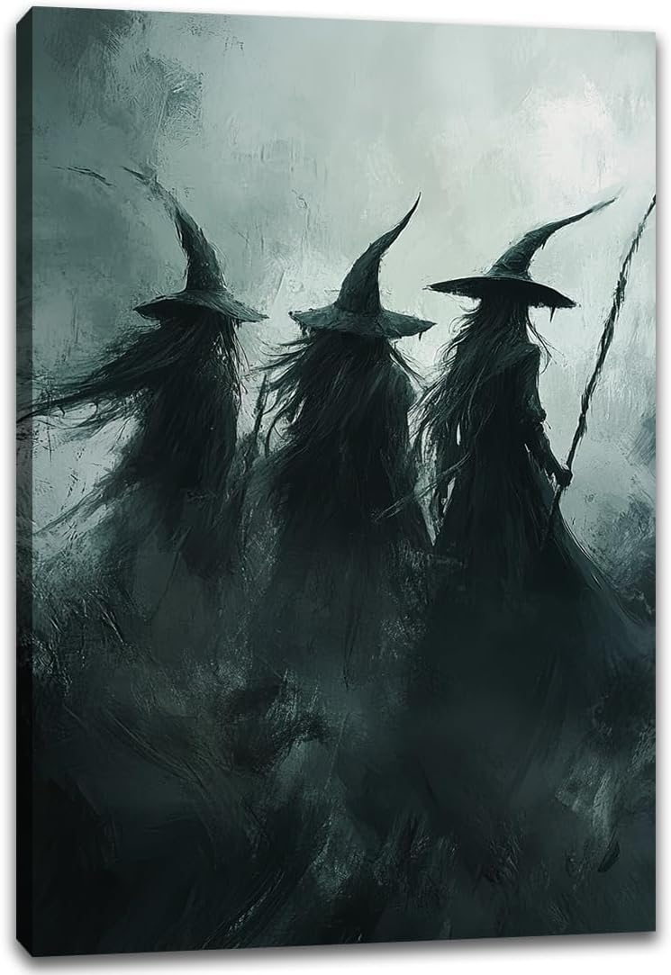 Gothic Witchs Horror Halloween Wall Art,Three Witches in Moody Forest Painting Wall Decor,Autumn Spooky Witches Forest Canvas Printing For Gallery Living Room Bedroom,20"x30" Framed