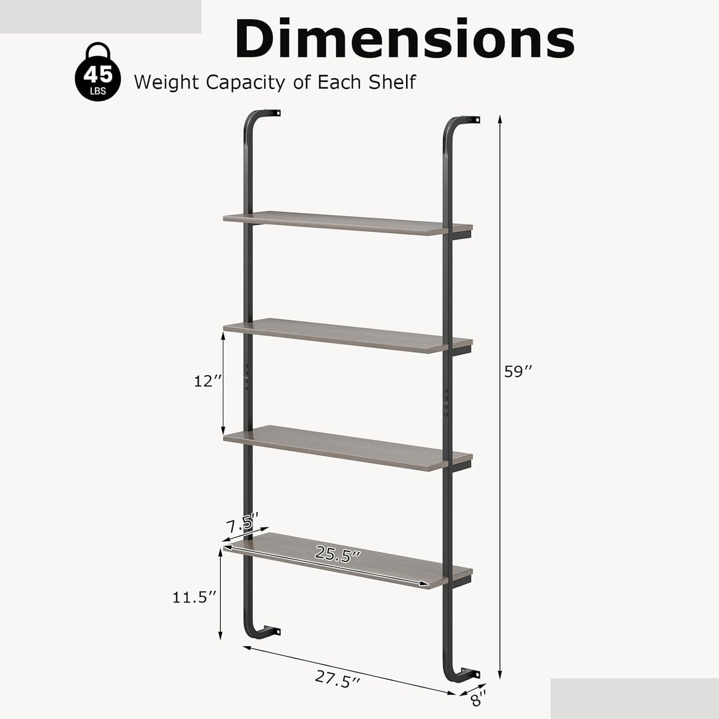 Giantex 4-Tier Industrial Bookshelf of 2, Wall Mounted Pipe Shelving Unit, Floating Shelves with Metal Frame, Hanging Wall Display Shelf, Wood Ladder Bookshelf for Living Room, Kitchen,Gray Oak