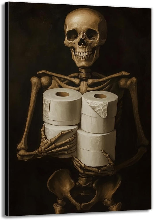 Gothic Skull Wall Art Funny Skeleton with Toilet Paper Canvas Print Vintage Skull Painting Framed Artwork for Living Room Home Halloween Wall Decor(Artwork-8,16"x24")