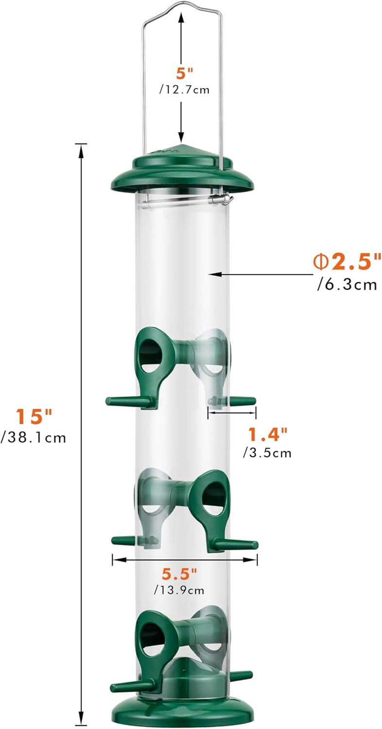 iBorn Metal Bird Feeders 6 Ports Hanging Wild Bird Seed Feeder for Mix Seed Blends, Niger Seed Feeder, Sunflower Heart, Birdbath, Heavy Duty All Metal Green Finishing 14 Inch 6Port, Pack of 2