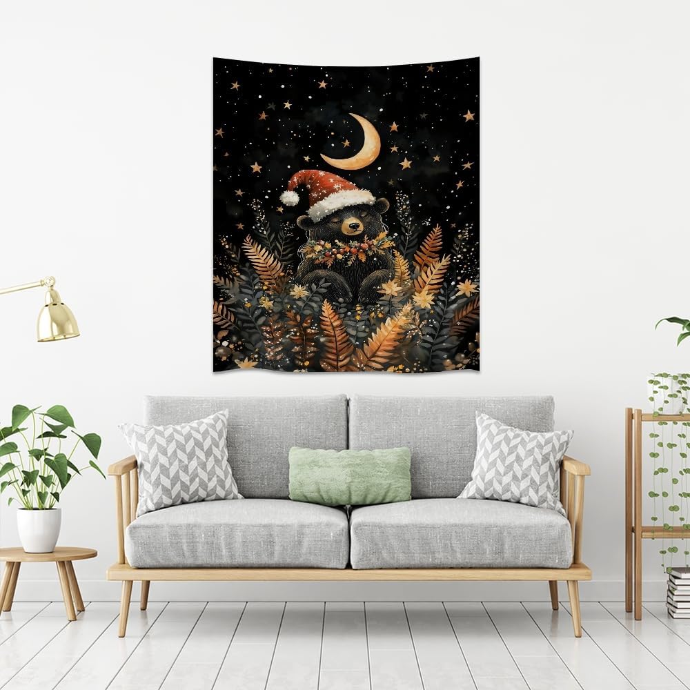 Whimsical Christmas Tapestry Moon Stars Dark Aesthetic Wall Hanging Decor Cute Bear Tapestries for Kids Room Decoration Funny Christmas wall art for Bedroom Dorm Living Room 60x80inch