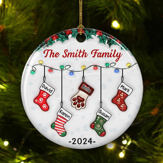 Stocking Personalized Family Christmas Ceramic Ornament 2025-3D Inflated Effect Custom Name Hanging Stock up to 10 Members, First Xmas as A Family Ornament Gifts (A04, 4 Names)