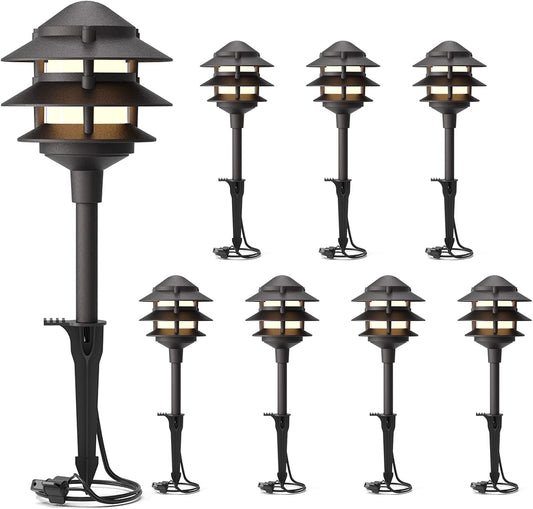 GOODSMANN Landscape Lighting 8PK Pathway Lights Low Voltage 2.2 Watt LED 12V AC Landscape Lights 30 Lumen Warm White with Cable Connectors Metal Stakes 9122-21102-08A