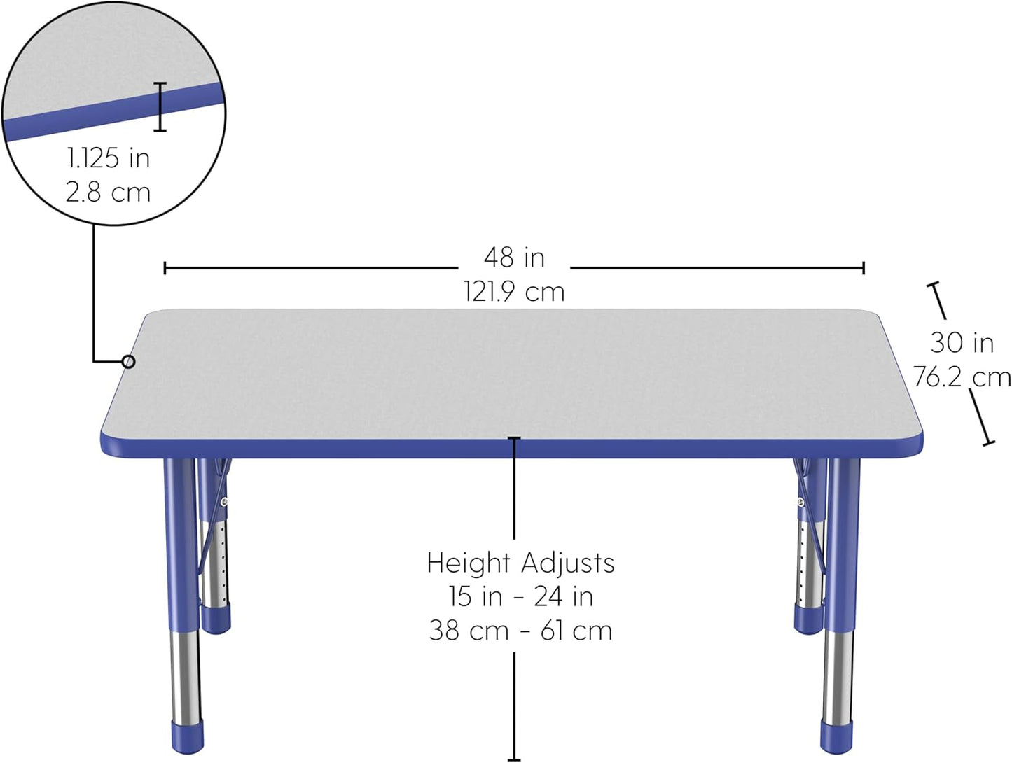FDP Rectangle Activity School and Classroom Kids Table (30 x 48 inch), Chunky Toddler Legs, Adjustable Height 15-24 inches - Gray Top and Blue Edge