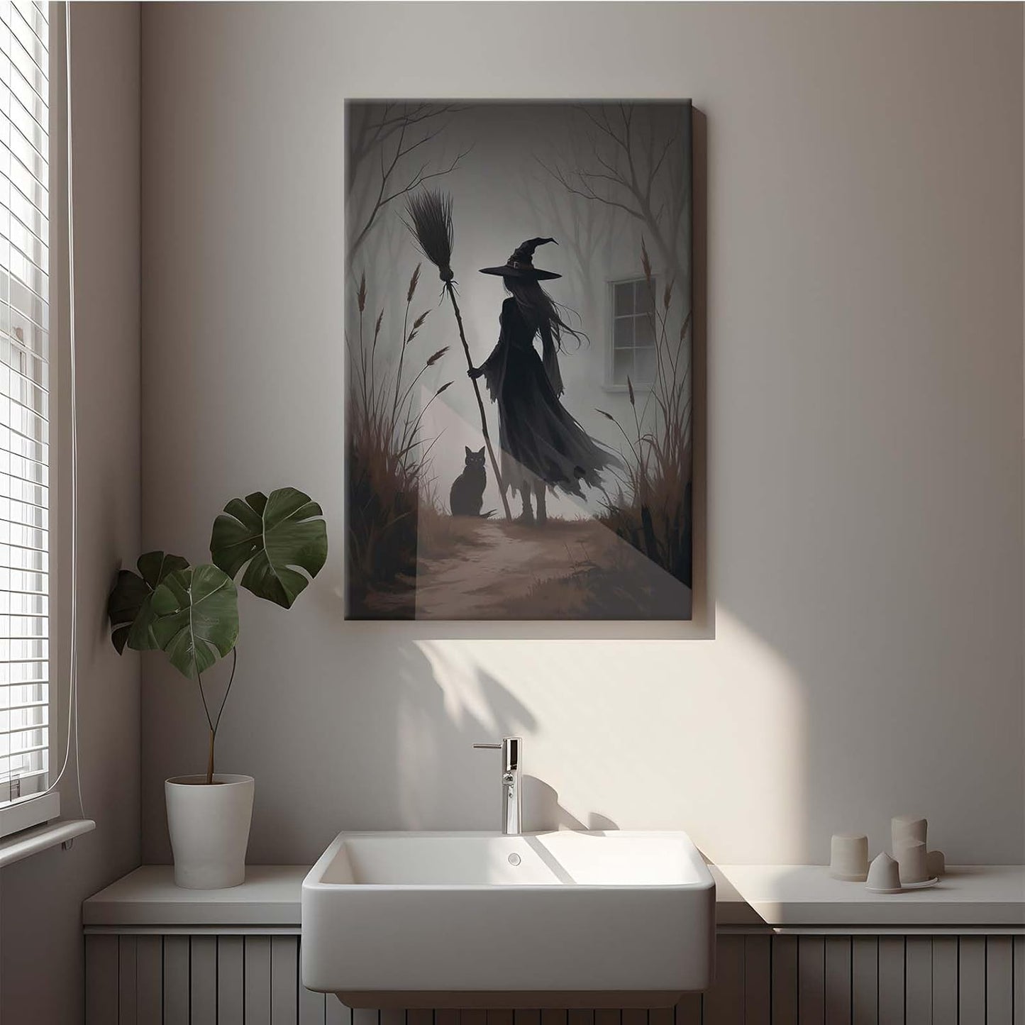 JFHCQJPK Vintage forest witch and black cat poster Halloween mural poster decoration mural art magic suitable for home living room bedroom20x30in Frameless