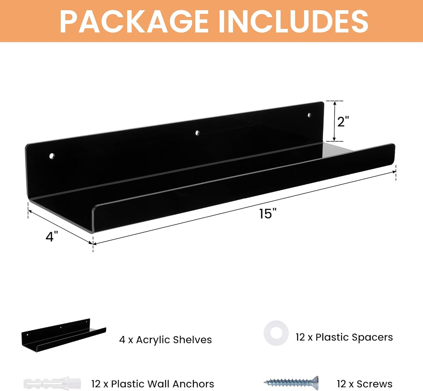 upsimples Acrylic Shelves for Wall Decor, 15" Display Shelf Perfume Organizer for Bathroom, Bedroom, Living Room, Floating Bookshelves for Kids, Black, 4 Pack