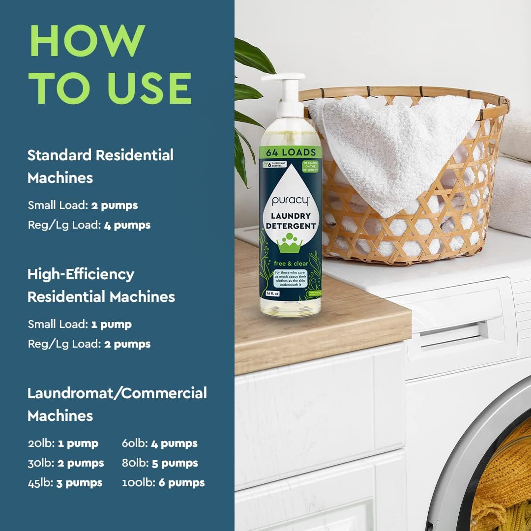 Puracy Laundry Detergent - Enzyme-Powered Liquid Laundry Detergent Concentrate, Natural Laundry Detergent Seen on TikTok, Non-Toxic (Free & Clear, 16 fl oz, 64 Loads)