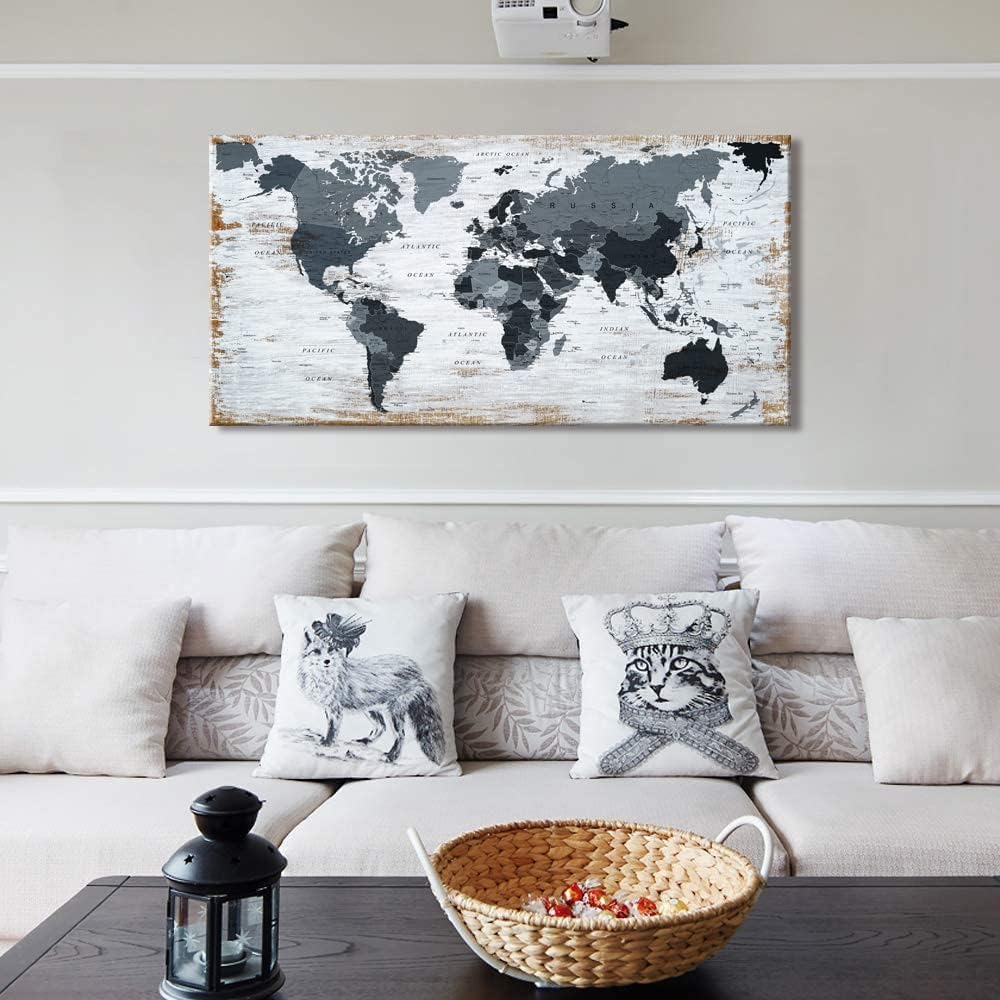 us Map of The United States Wall Decor Map Canvas Wall Art for Wall Decoration Wood Background USA Canvas Prints for Bedroom Office Kitchen Home Wall Decor Framed Artwork Ready to Hang (30x60inch, BLACK MAP)