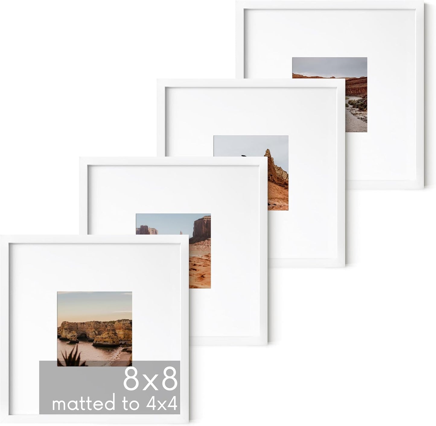 HAUS AND HUES 8x8 White Metal Picture Frames Matted to 4x4 - Features Premium Aluminum, Shatterproof Plexiglass - Ideal for Home, Room, Office (8x8 in, White, Set of 4)