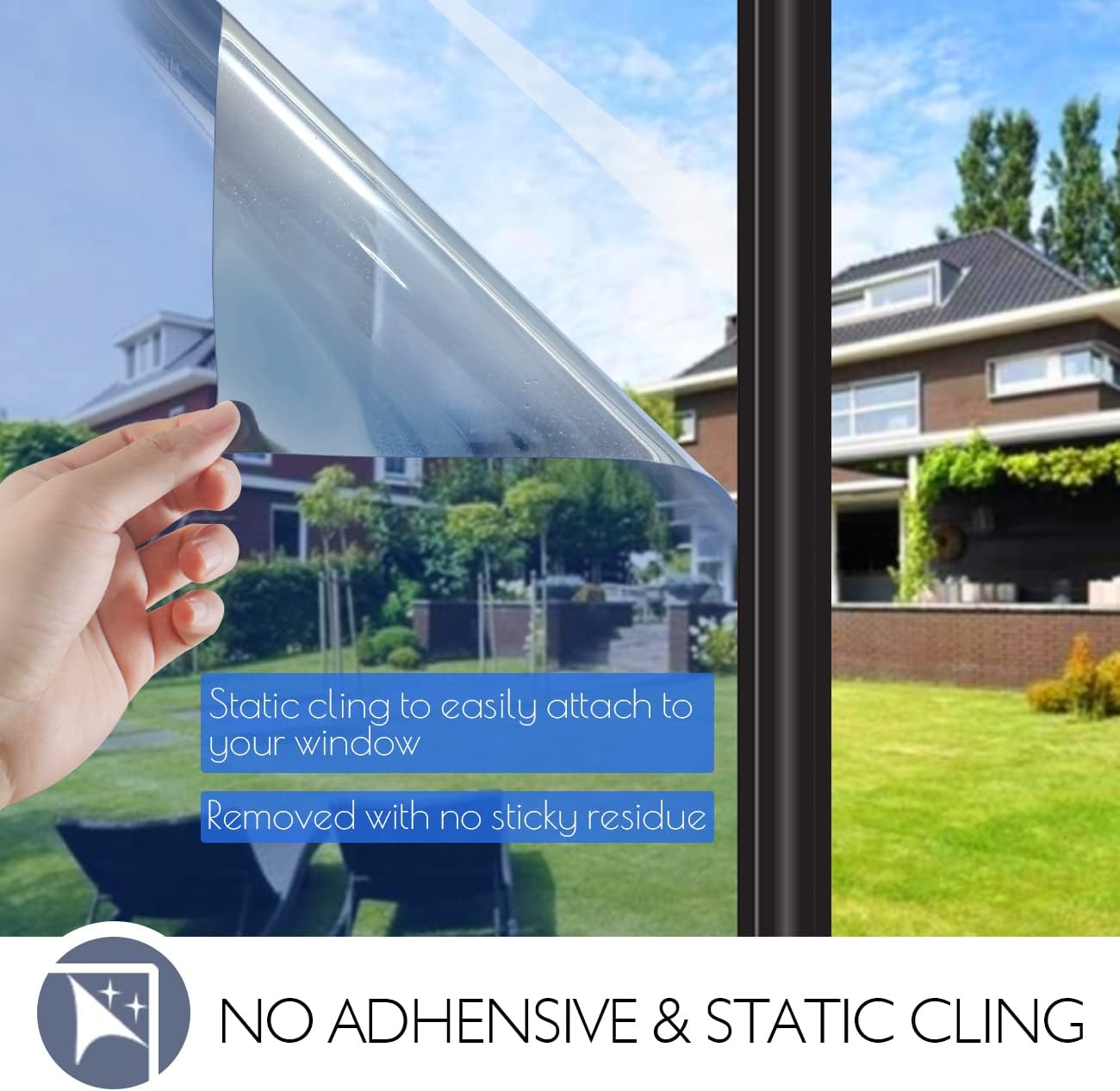 HIDBEA Window Film Daytime Privacy, Heat Control Sun Blocking Anti UV One Way Mirror Window Tint for Home, Non-Adhesive Self Static Cling Window Stickers (Blue-Silver, 35.4 Inch × 6.5 Feet)