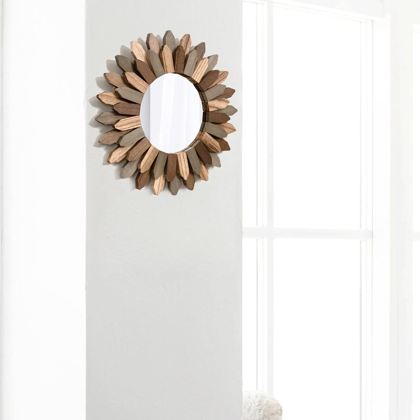Honiway Boho Wall Decor Mirror 2 Pack 12 inch Rustic Wood Decorative Mirror for Room Decor Rustic Farmhouse Wall Decor for Bedroom Bathroom Living Room Entryway Tril Color
