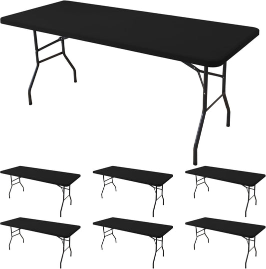 Fitted Tablecloth for 8 Foot Rectangle Tables-6 Pack Black Elastic Outdoor Picnic Table Cover-Spandex Stretch Folding Table Cloths 8ft for Camping Dining Room Patio Kitchen Banquet Party