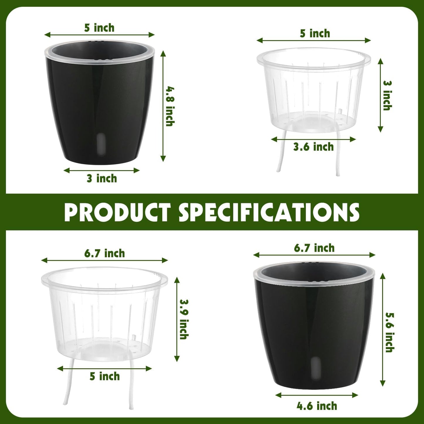 Self Watering Pots for Indoor Plants, 6-Pack 5'' Self Watering Planter with Drainage Holes, Small African Violet Pots with Water Indicator, Clear Wick Orchid Pot, Black