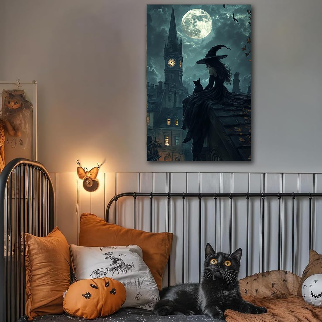Halloween Witch Black Cat Wall Art,Magical Moon Witch on Roof with Black Cat at Night Scene Painting Haunting Dark Witches Canvas Print for Haunted House Party Decor Poster,8"x12" Framed